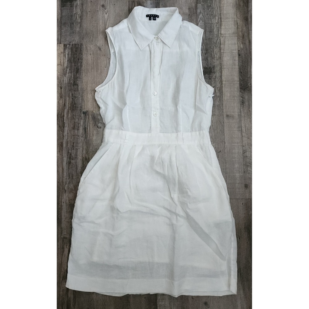 Theory Linen Sleeveless Shirt Dress Womens 4 White Button Front Mini Pocket